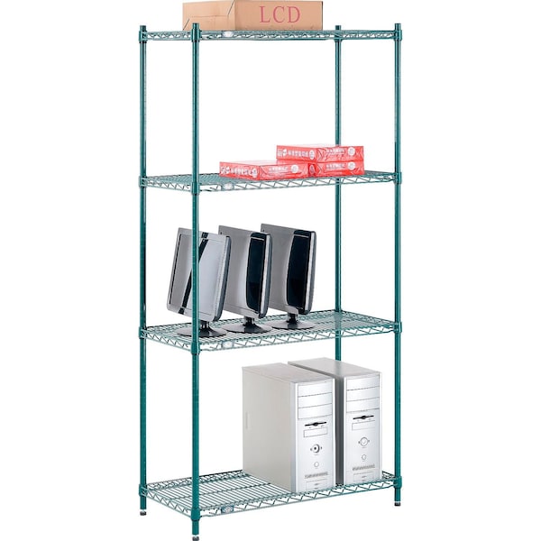 Nexel Poly-Green, 4 Tier, Wire Shelving Starter Unit, 36W x 14D x 74H 14367G - main